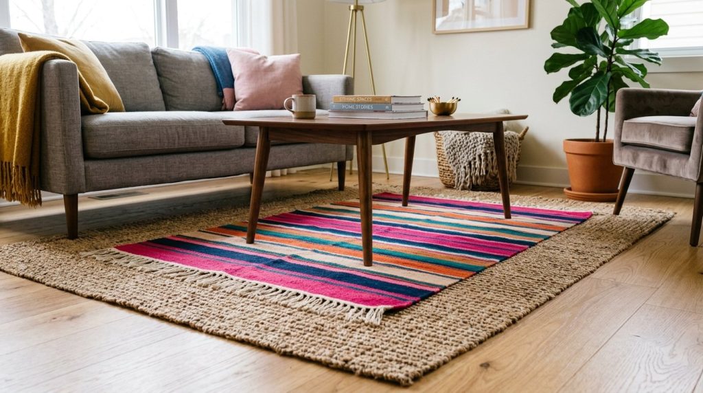 A beautifully styled living space featuring a textured woven rug layered over a larger area rug.