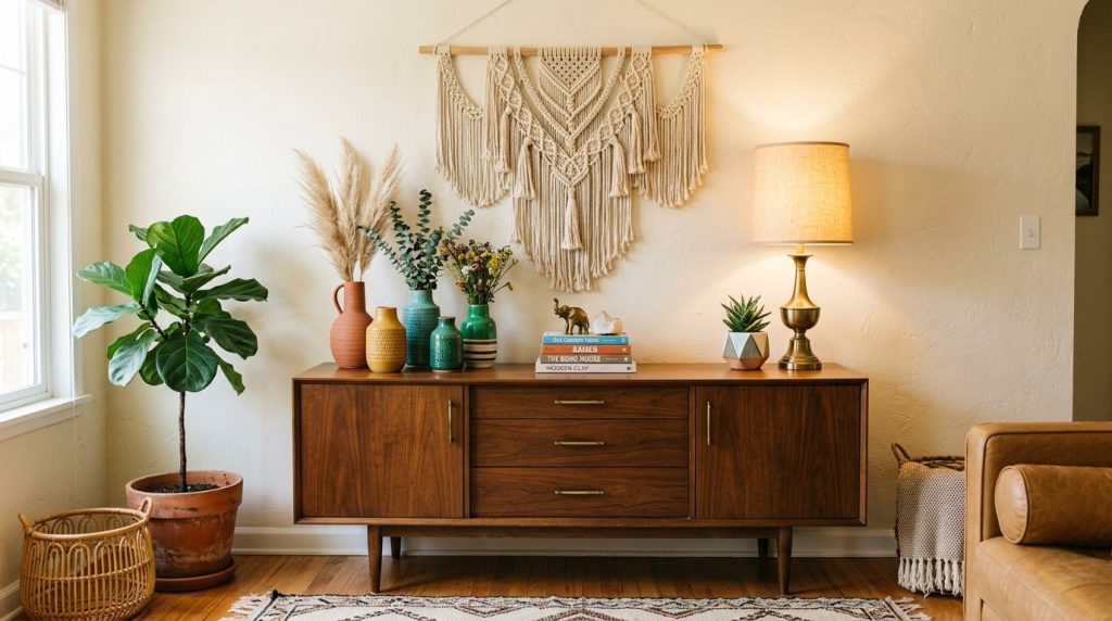 Bohemian styled room featuring a mid-century wooden sideboard, macrame wall hanging, brass lamp, and indoor plants.