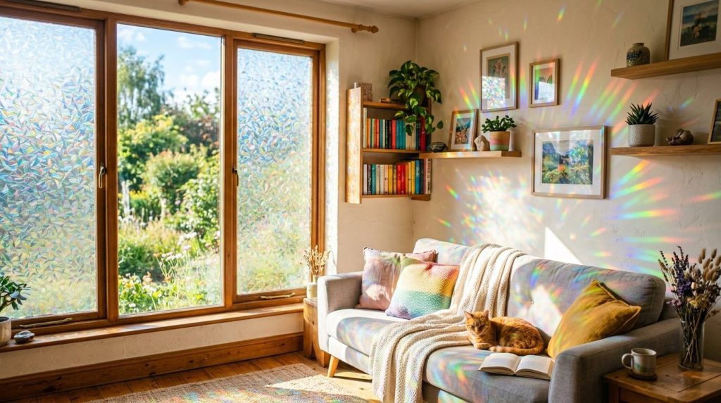 Large modern living room window with natural light and garden view.