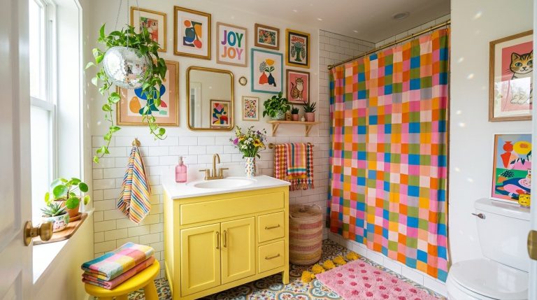 A stylish modern bathroom interior with vibrant yellow wall accents and clean contemporary fixtures.