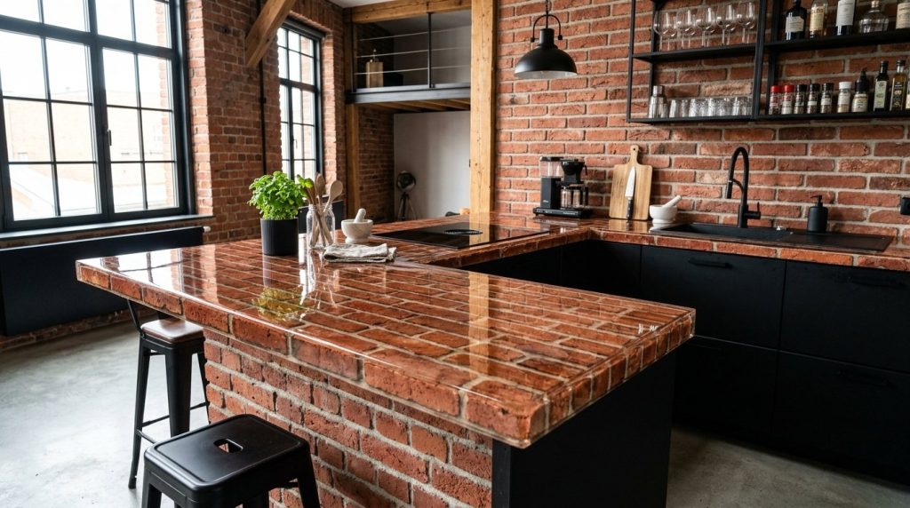 A rustic brick kitchen countertop designed to look high-end on a budget.