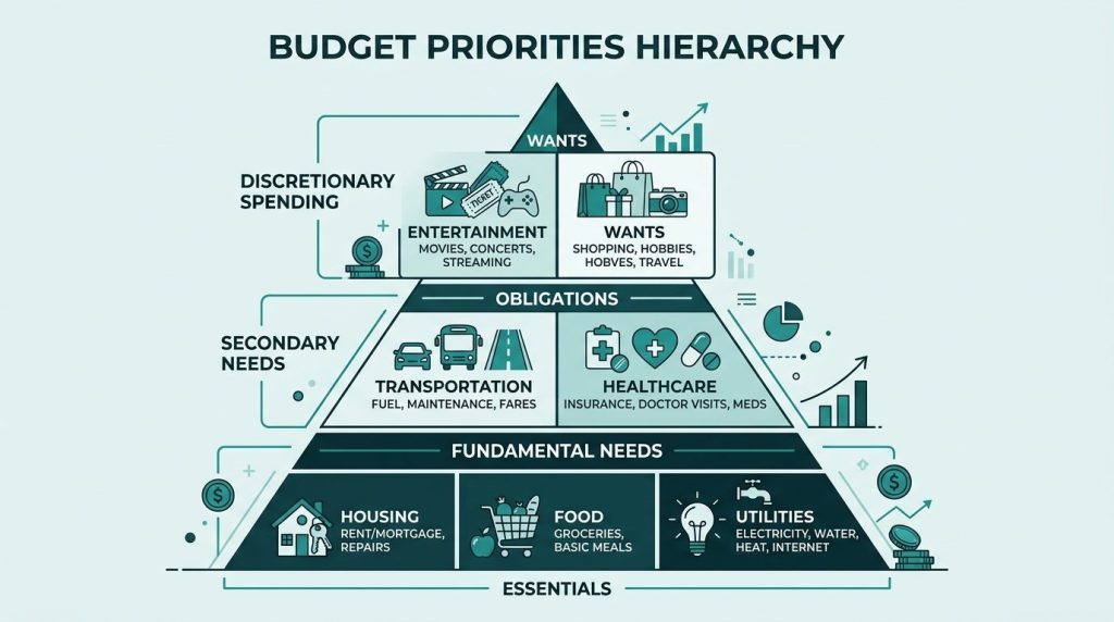 A graphic showing a budget priorities pyramid for effective financial planning and saving strategy.