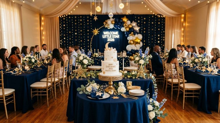 Elegant celestial baby shower with navy blue linens, gold star decorations, a balloon arch, and a white tiered moon cake.