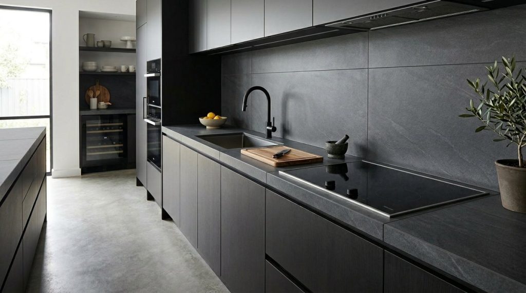 Close up of a sleek charcoal grey porcelain kitchen countertop with a matte finish.