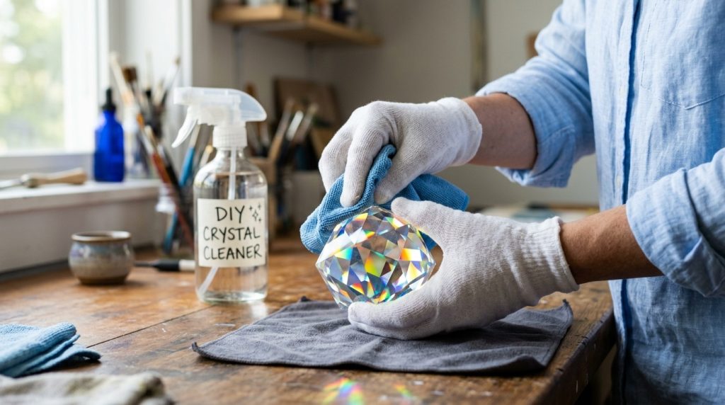 Hands in white gloves polishing a large, multi-faceted crystal with a blue cloth next to a DIY cleaning spray.