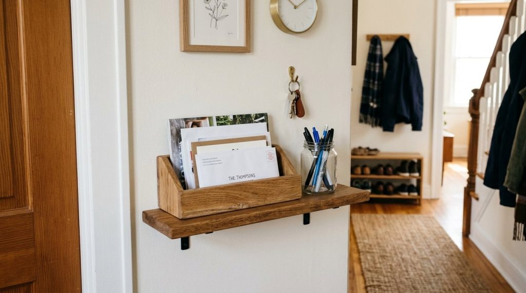 Organized apartment hallway featuring clever wall-mounted storage and space-saving decor hacks.