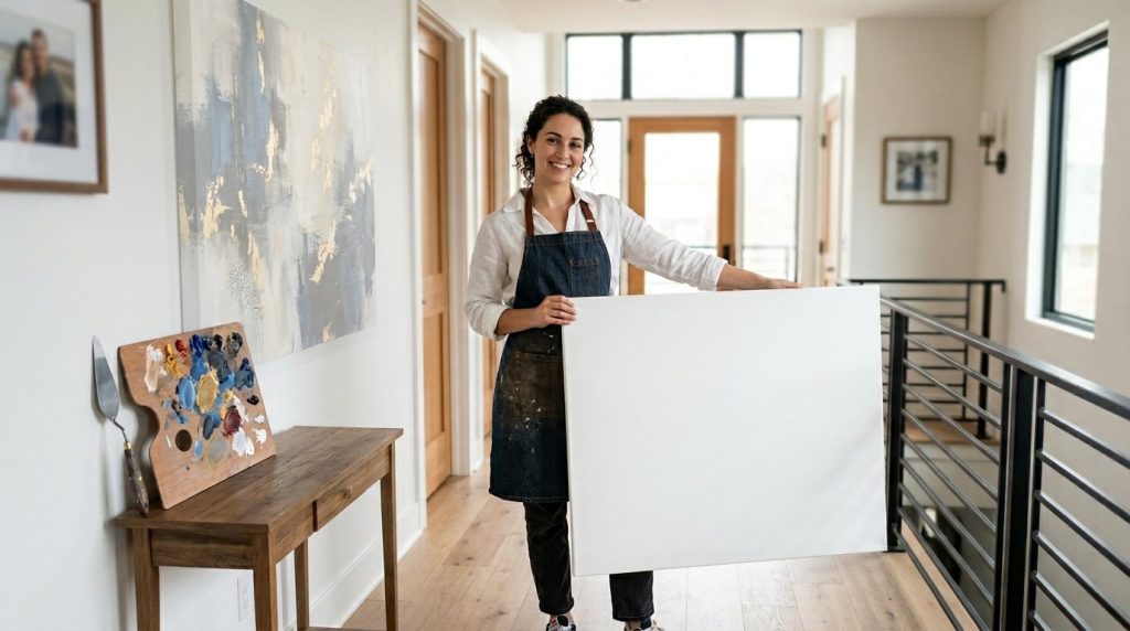 A narrow apartment hallway organized with clever budget-friendly storage hacks and wall decor.