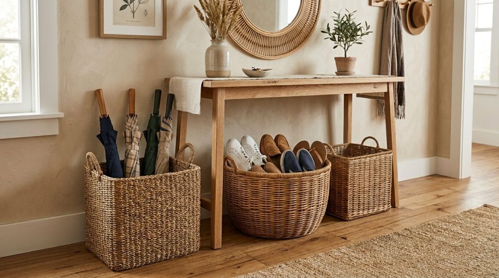 A narrow apartment hallway featuring organized storage hacks and clever decor to maximize space.