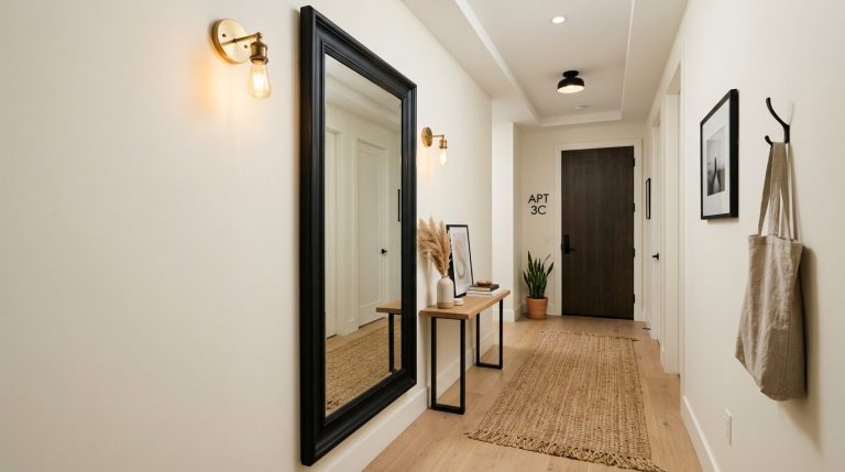 Organized apartment hallway with clever wall-mounted storage and space-saving hacks.