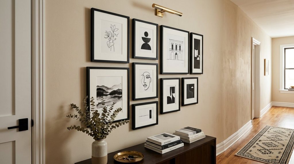Organized apartment hallway featuring vertical storage hacks and modern space-saving furniture.