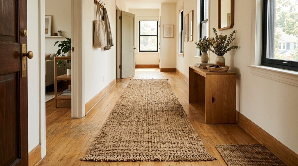 A organized apartment hallway featuring space-saving wall storage and clever decor solutions.