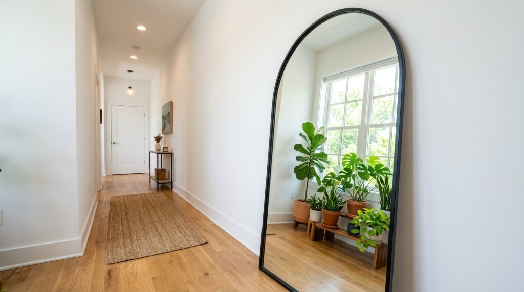 A narrow apartment hallway featuring clever wall-mounted storage and space-saving organization hacks.