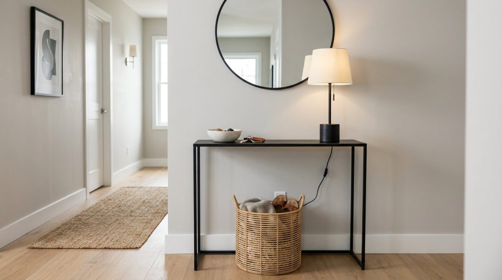 A narrow apartment hallway featuring clever wall-mounted storage organizers and space-saving decor hacks.