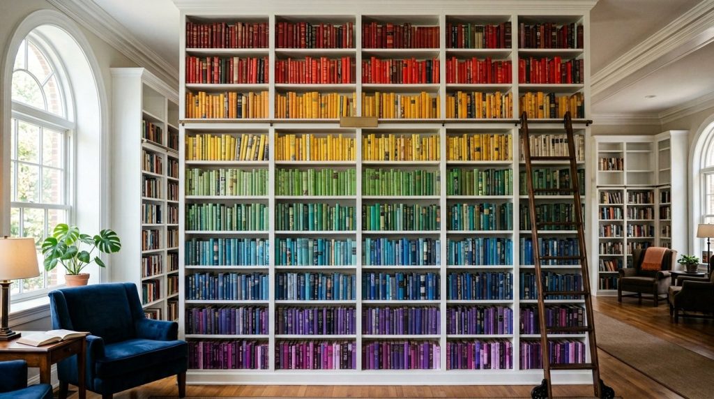 A decorative bookshelf with books organized in a vibrant rainbow spectrum gradient.