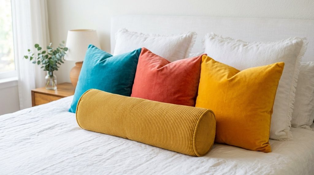 A stylish bed features a mustard yellow corduroy bolster pillow and colorful velvet cushions in teal, rust, and gold.