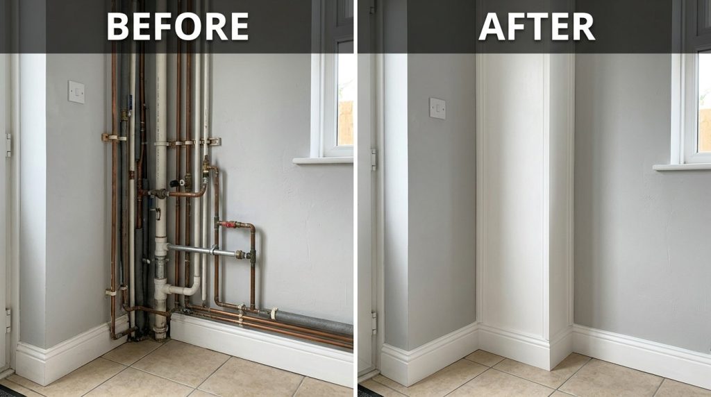 Before and after comparison showing messy exposed plumbing pipes hidden by a neat white custom wooden corner enclosure.