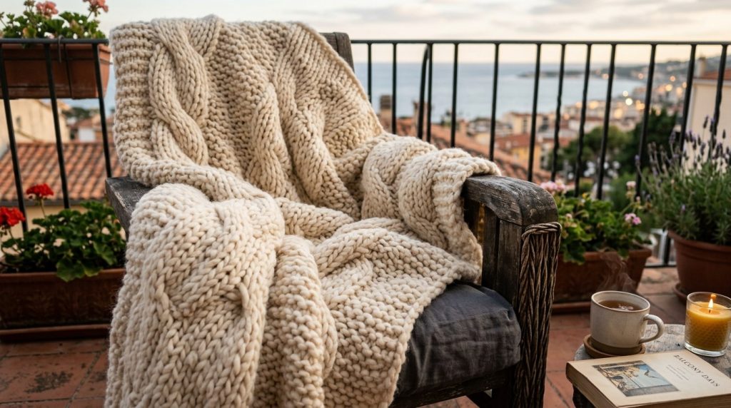 Chunky cream knit blanket draped on a wooden chair on a balcony with tea and a candle overlooking a coastal sunset view.