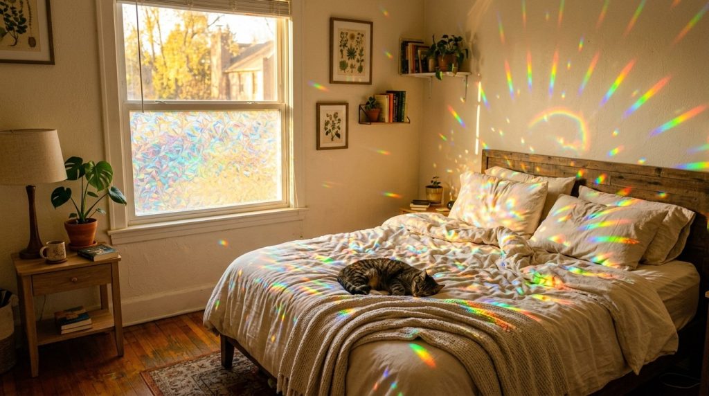A sleeping tabby cat lies on a bed covered in rainbow light patterns from a prism window film in a cozy, sunlit bedroom.