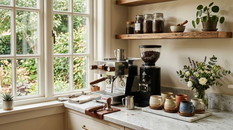 A beautifully organized home coffee station featuring a professional brewing setup and various accessories for a perfect morning caffeine routine.