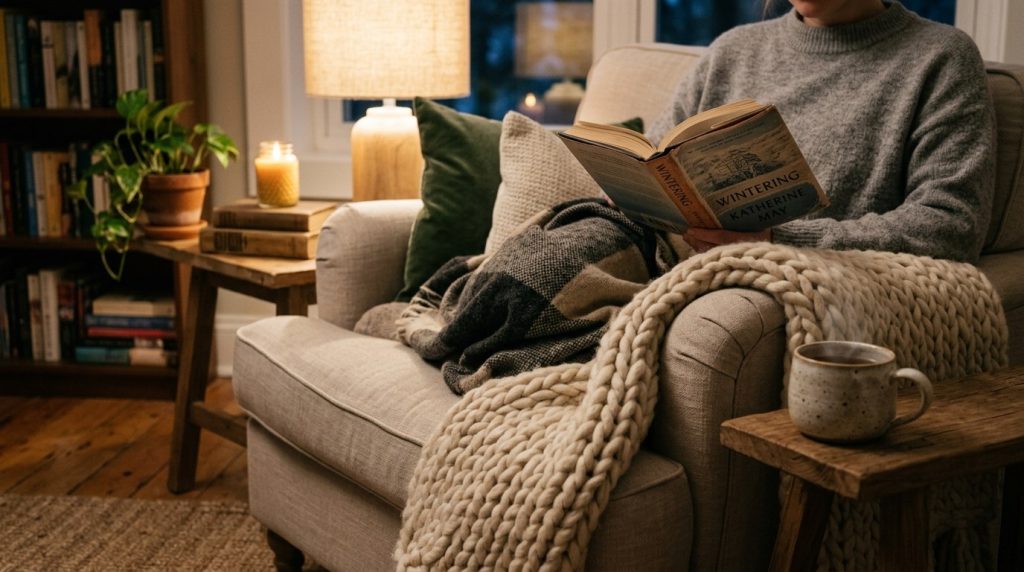 A person reads 'Wintering' in a cozy grey armchair with chunky blankets, a warm lamp, and a steaming mug of tea nearby.