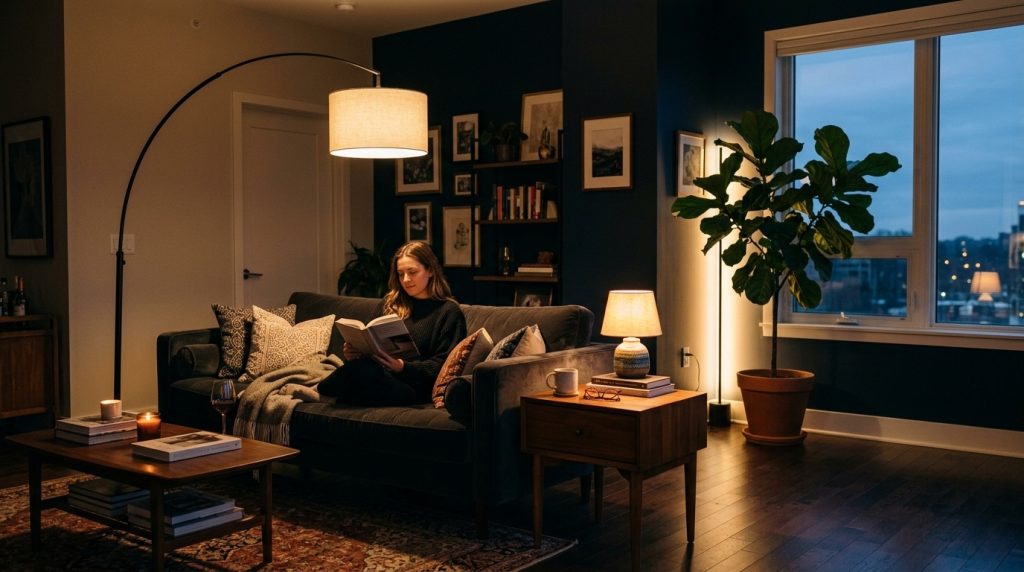 A young woman sits on a dark sofa reading a book in a cozy, warmly lit apartment living room at night."