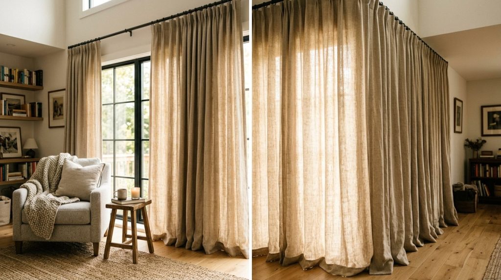 Side-by-side view of floor-to-ceiling beige linen curtains in a cozy living room with a reading nook and wooden floors.