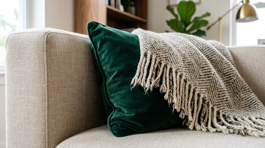 Close-up of a beige sofa with a plush emerald green velvet pillow and a patterned knit throw blanket with fringe.