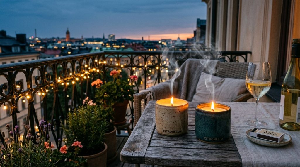 A cozy balcony at dusk with lit citronella candles, a glass of white wine, and a glowing city skyline view.
