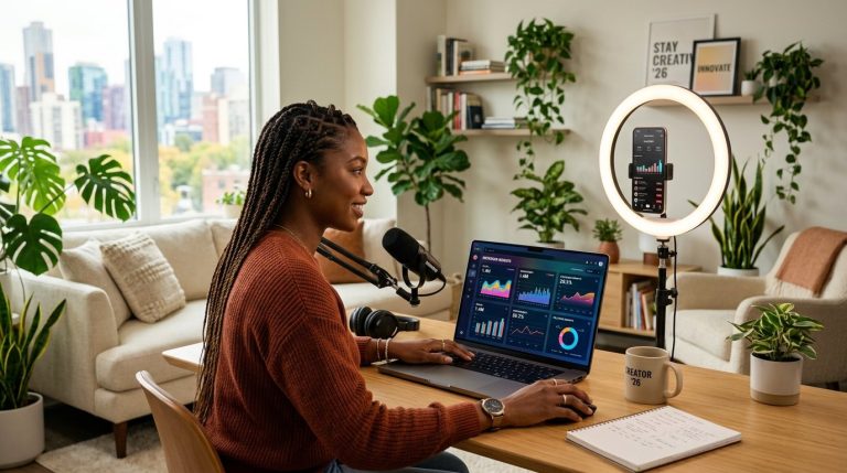 A clean and organized creative workspace featuring a minimalist desk setup in a well-lit studio.
