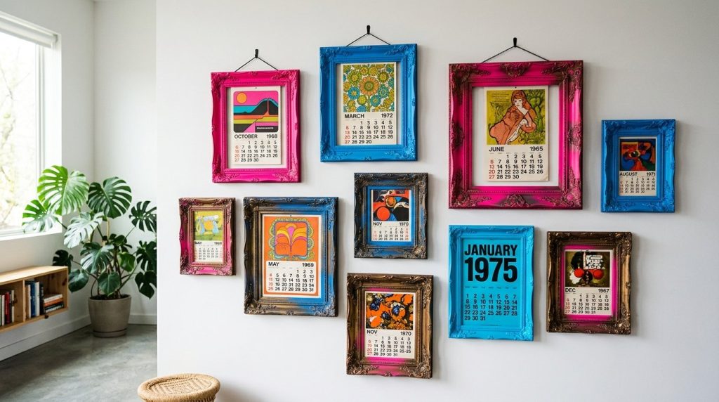 An artfully curated gallery wall featuring a collection of vintage frames and antique prints.