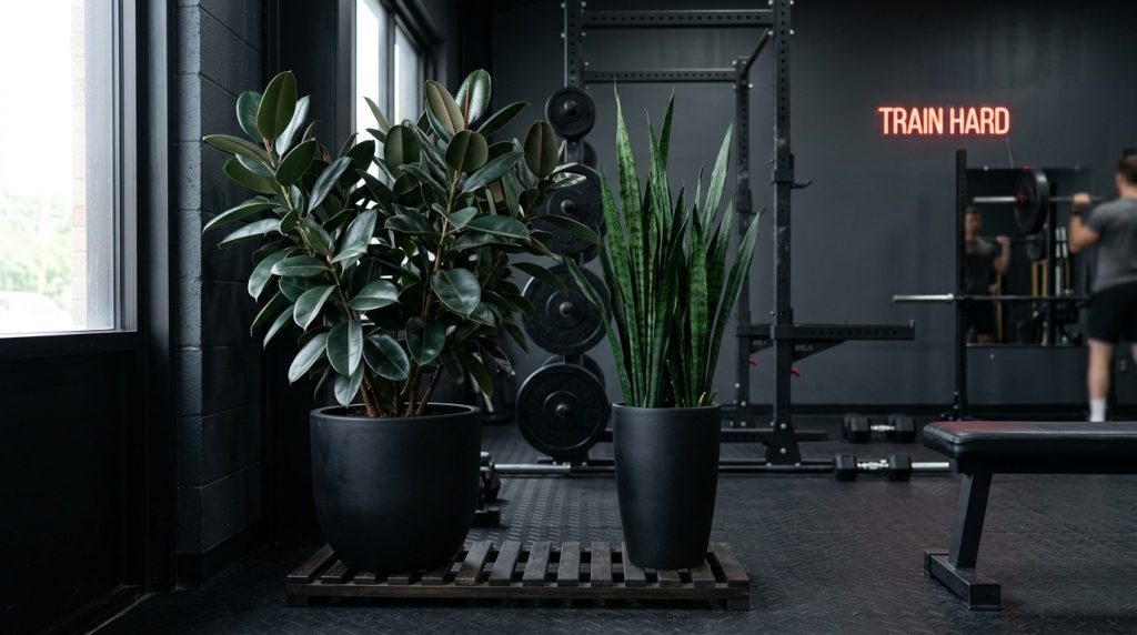 A rubber plant and snake plant in black pots decorate a modern dark gym with weights and a 'TRAIN HARD' neon sign.