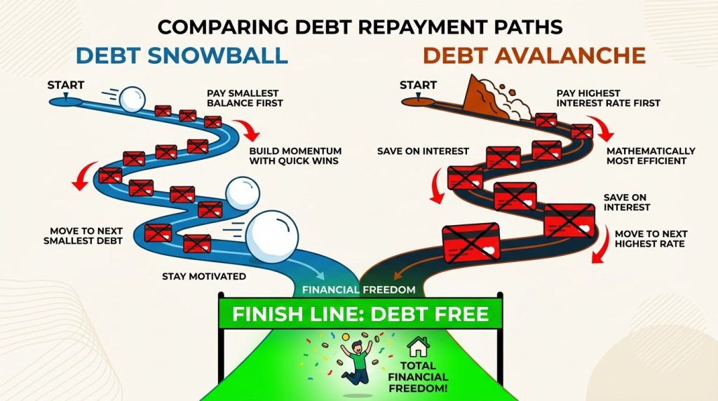 A clear comparison illustration showing the debt snowball and debt avalanche methods for paying off personal loans.