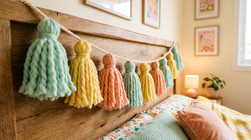 A colorful handmade tassel garland hanging against a neutral background for home decoration.