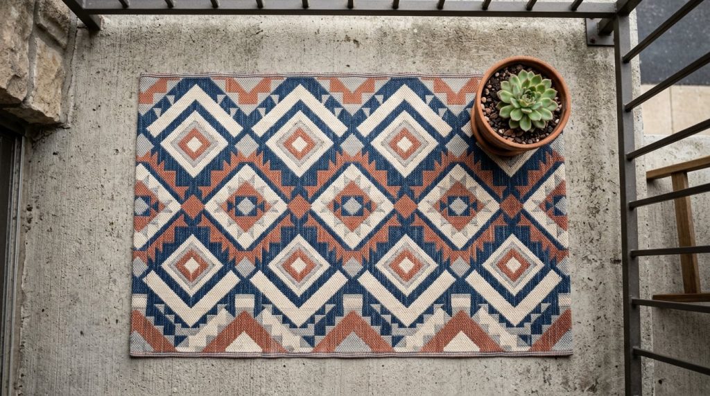 A patterned rug lying flat on a smooth industrial grey concrete floor surface.