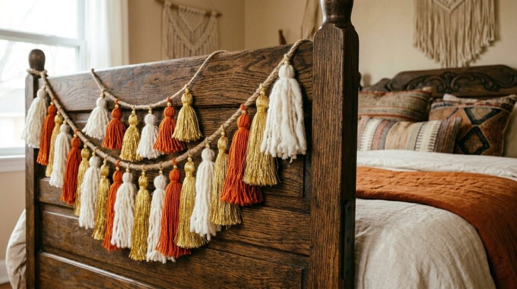 A close up of a decorative tiered tassel garland hanging against a neutral background.