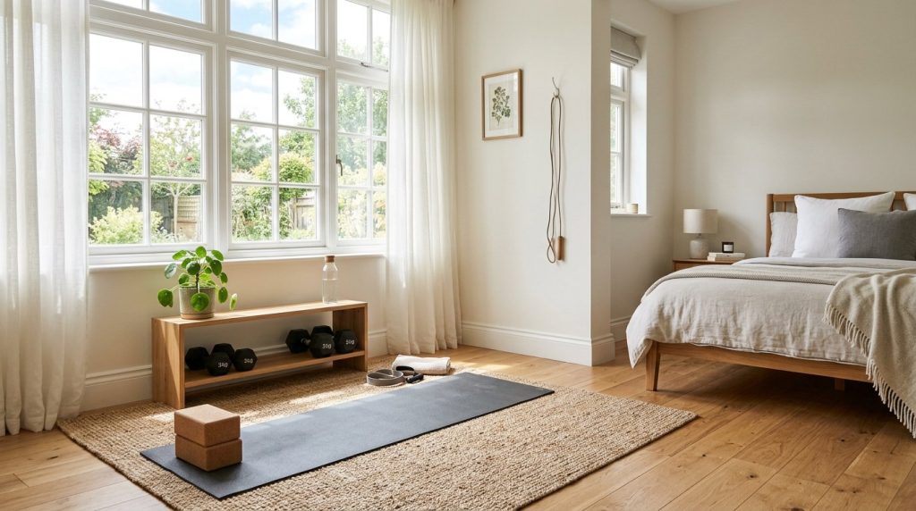 A clean and organized dedicated workout zone setup in a modern bedroom interior.