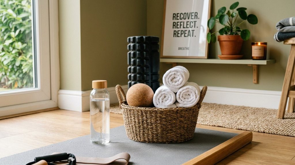 A organized recovery corner featuring fitness equipment for post-workout muscle relief and relaxation.