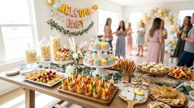 A gourmet selection of snacks displayed on a beautifully decorated baby shower dessert table.