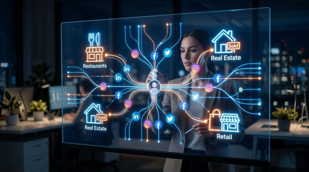 A glowing digital map visualization showing interconnected data nodes and global communication pathways.