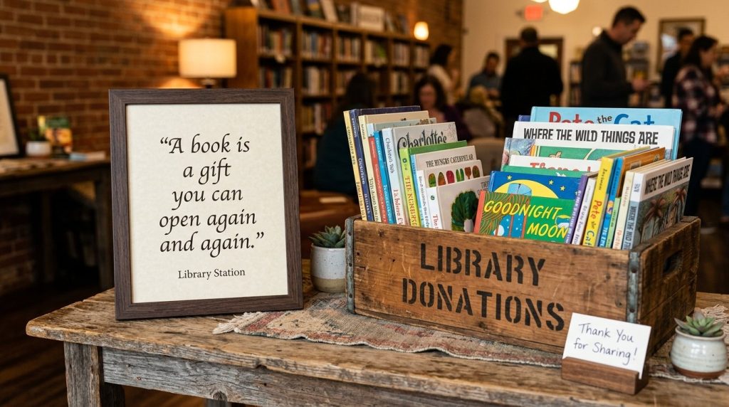 A clear metal directional sign pointing towards the public library building.