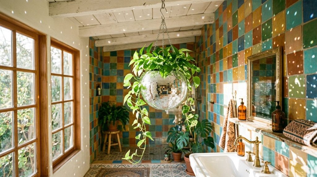 A decorative disco ball planter reflecting light on a sunny table.