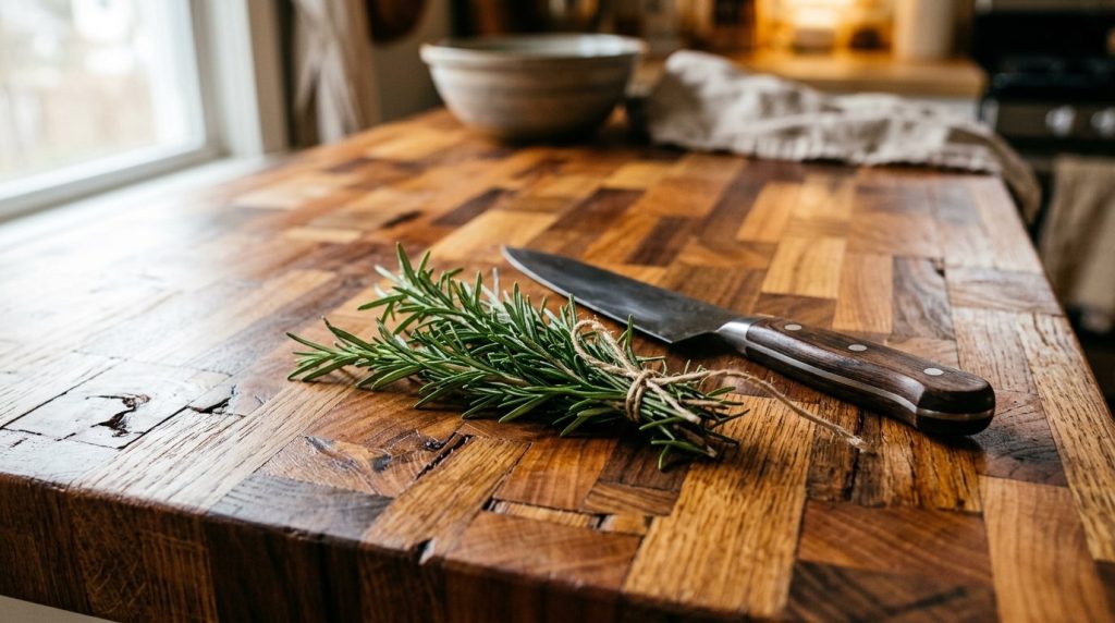 A beautifully renovated kitchen island featuring a budget-friendly countertop that looks like high-end luxury stone.