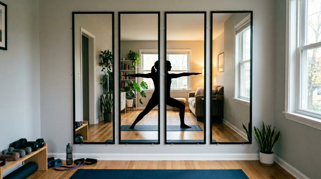 A finished DIY mirror wall in a stylish modern living space