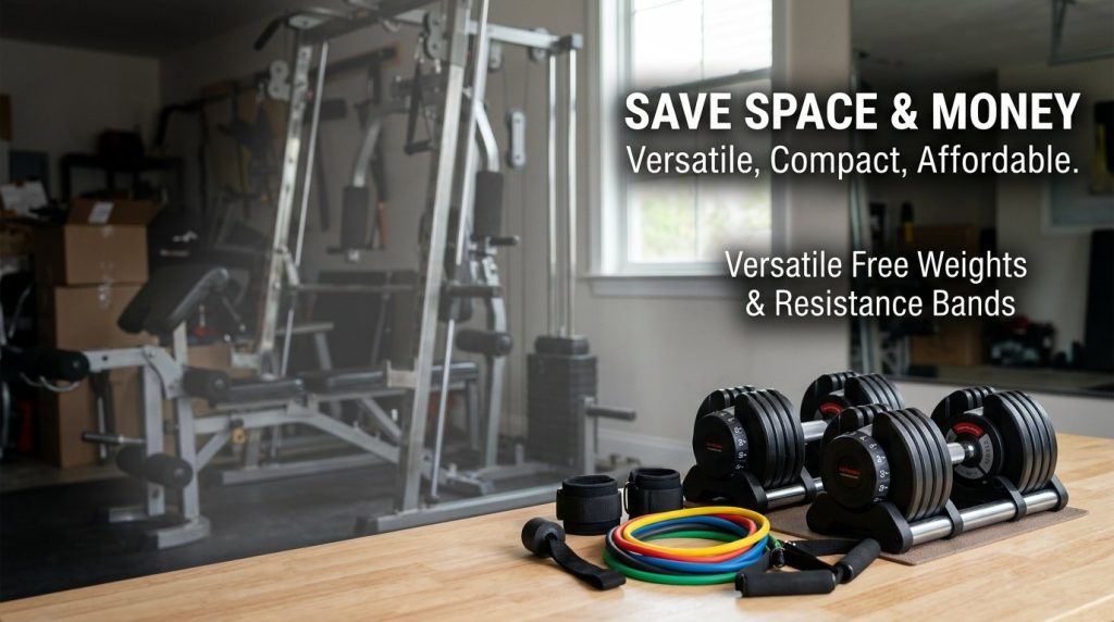 Set of metal dumbbells and colorful resistance bands arranged for a home fitness workout session.