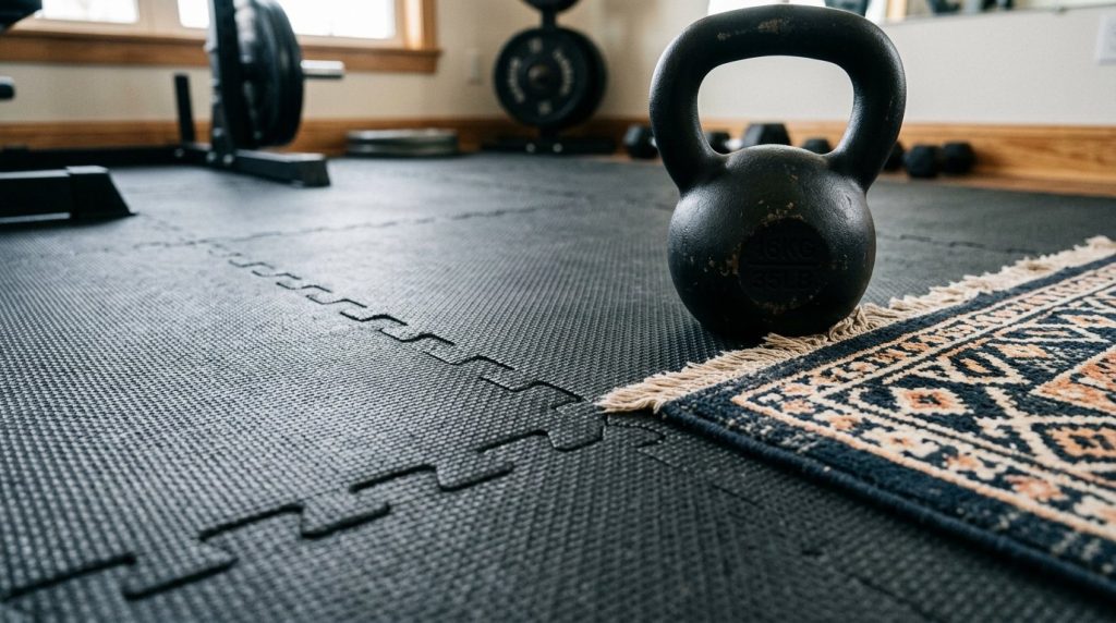 High-quality black foam floor tiles arranged for a gym or play area.