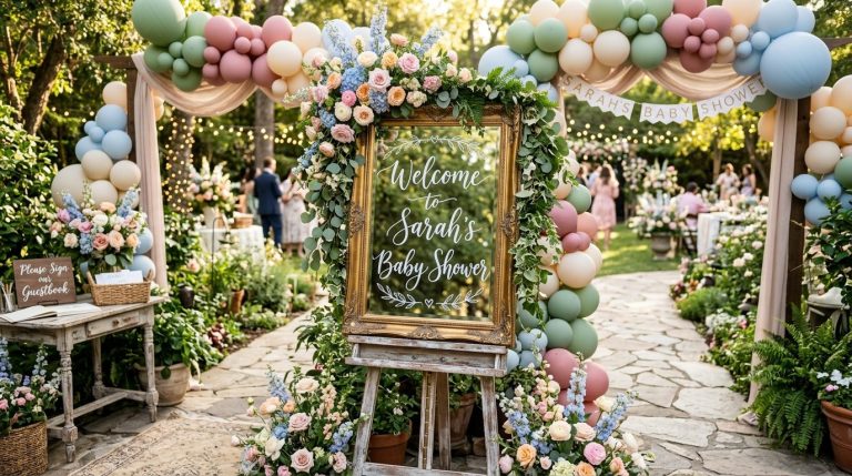 A beautifully decorated entrance for a baby shower with floral arrangements and a welcome sign.