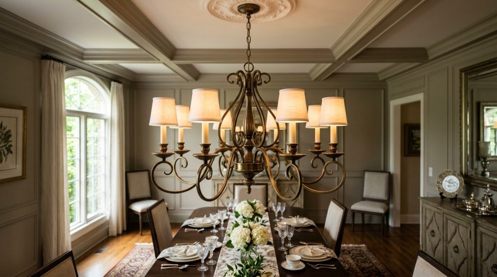 A sophisticated dining room featuring a large brass chandelier over a long table set with fine china and flowers.