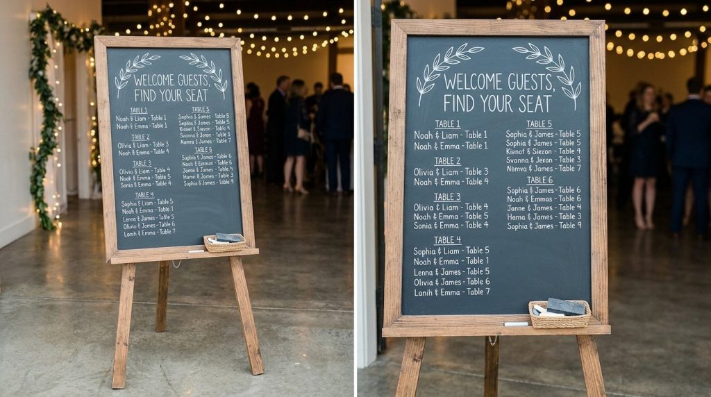 A beautifully hand-lettered wedding seating chart displayed on a rustic chalkboard sign.
