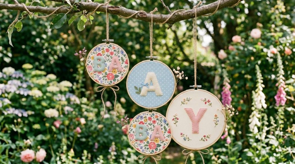Decorative embroidery hoops arranged to spell out the date 2026-0405 on a neutral background.