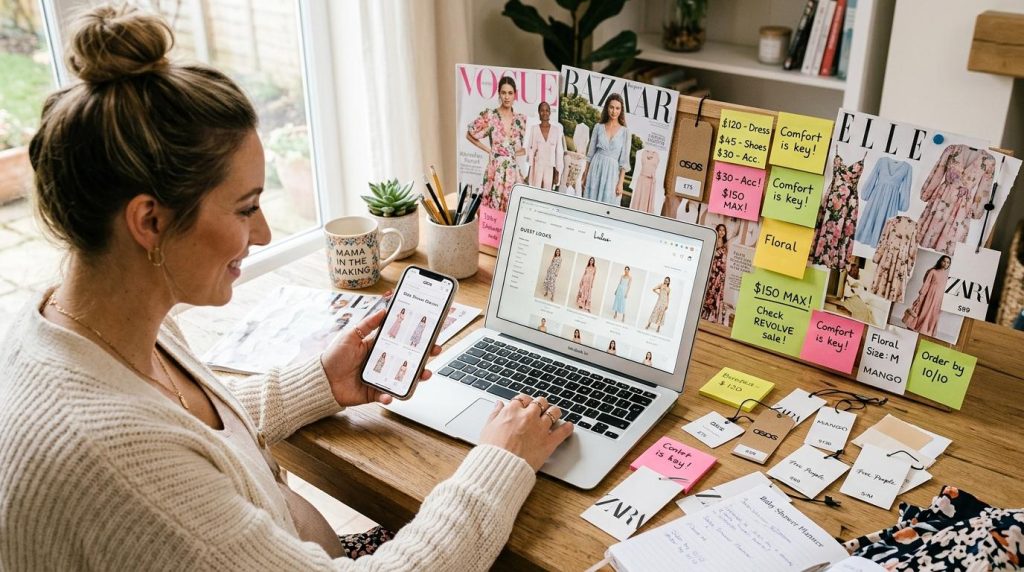 A woman browses fashion online at a desk decorated with a mood board, magazines, and budget-planning sticky notes.